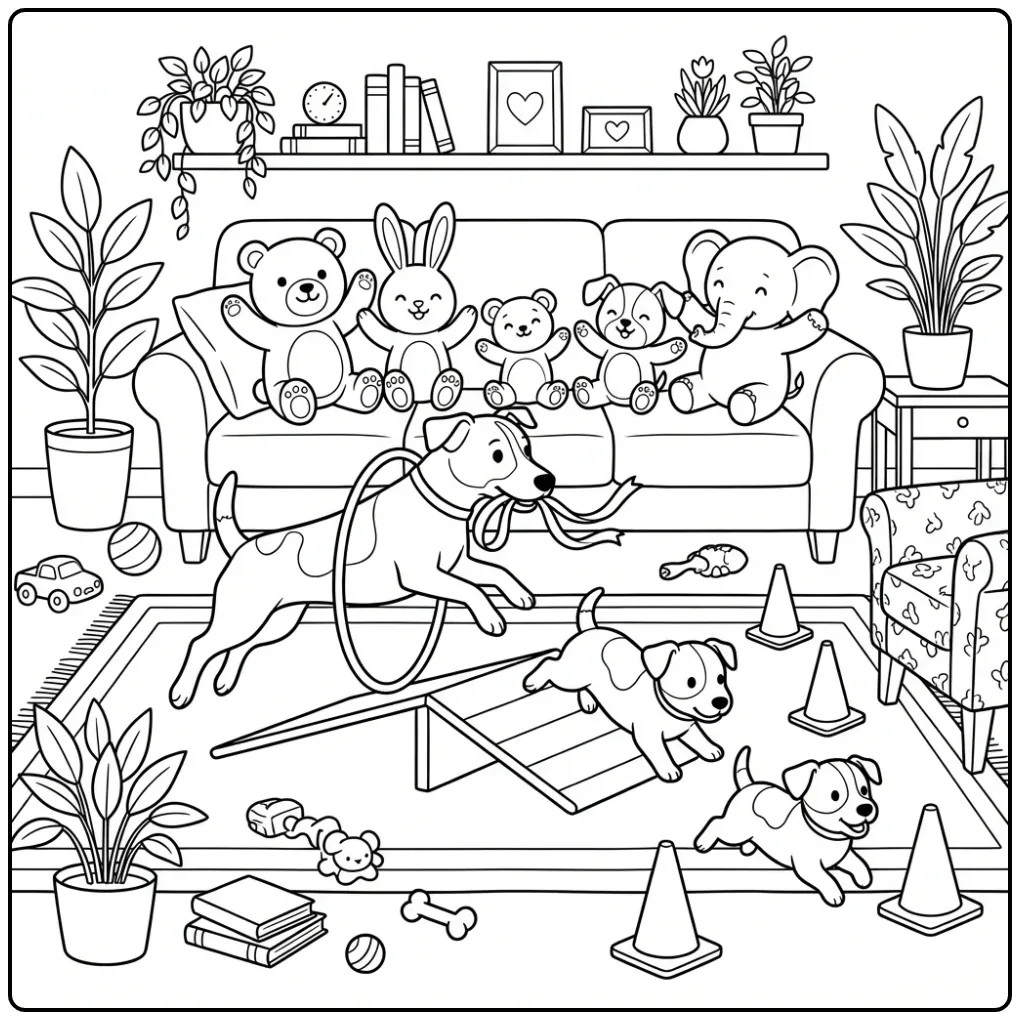 Kleurplaat honden puppies racen door de woonkamer.