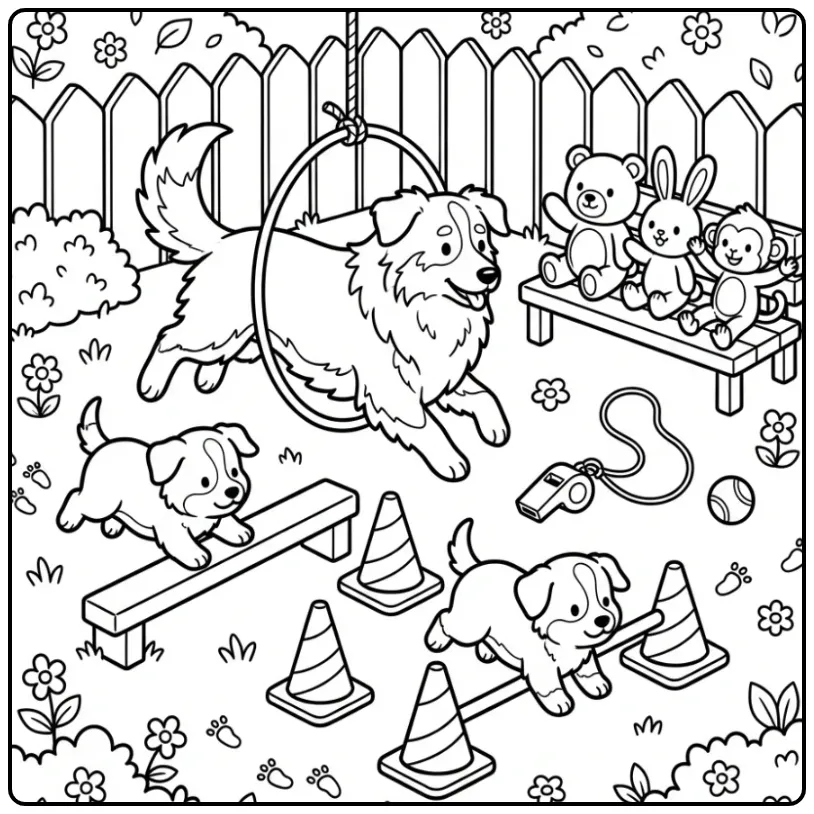 Kleurplaat honden puppies met behendigheidsbaan.