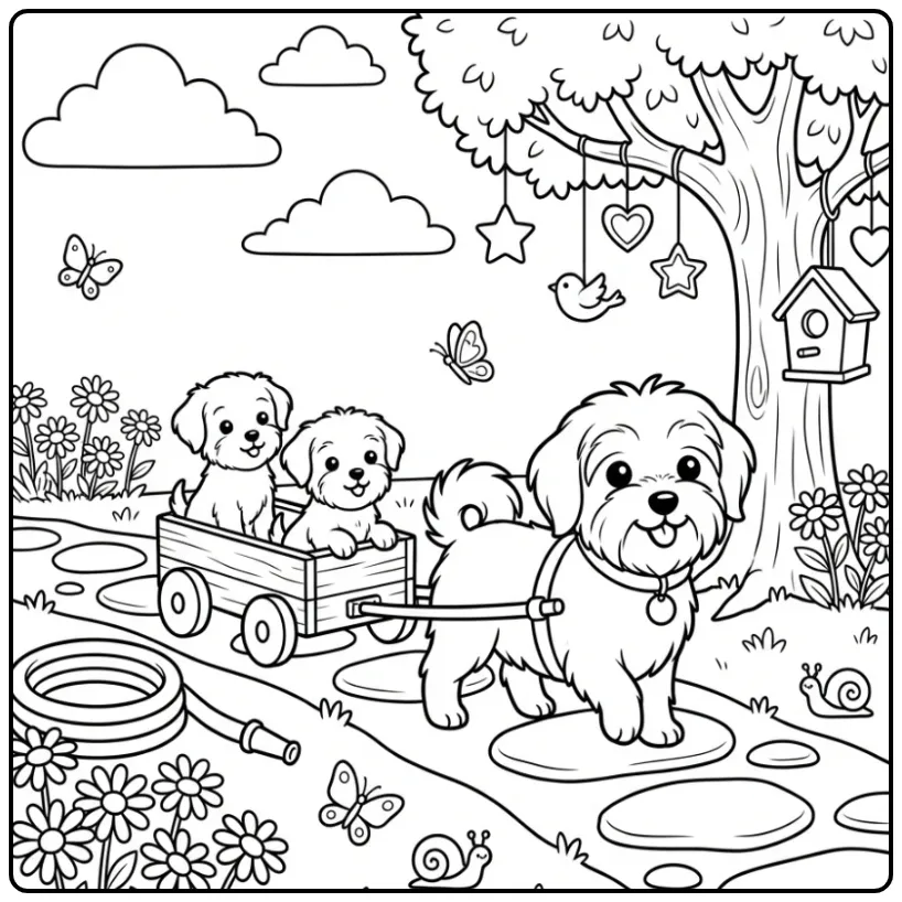 Schattige kleurplaat honden puppies in een wagentje in de tuin.