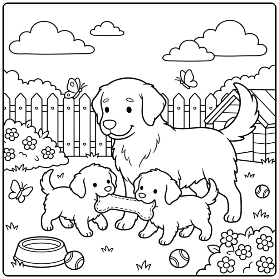 Schattige kleurplaat honden puppies met een speelgoedbot.