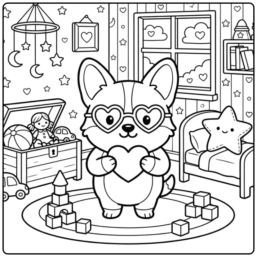 Schattige Corgi kleurplaat hondje met hartje en speelgoed.