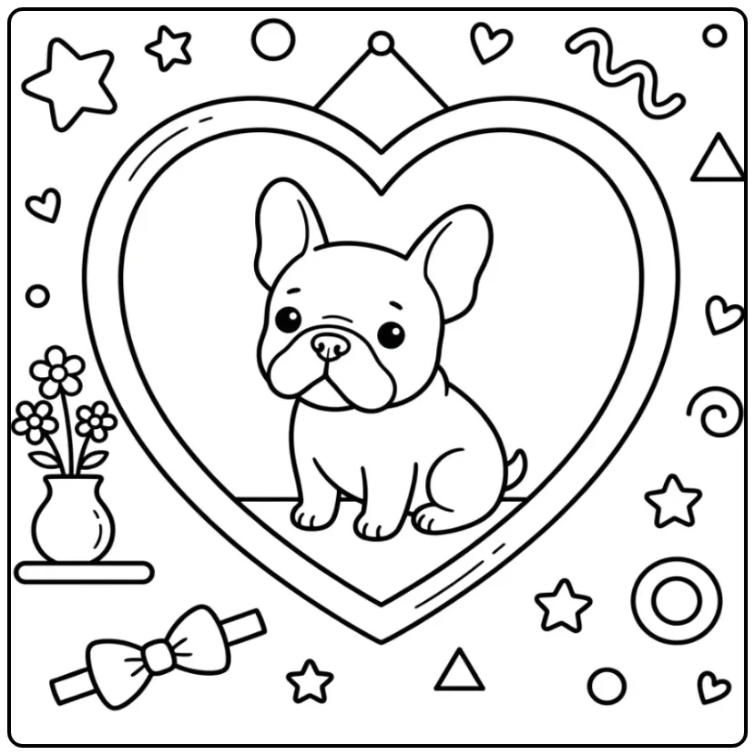 Franse bulldog in lijst, een kleurplaat hondje met hartje.