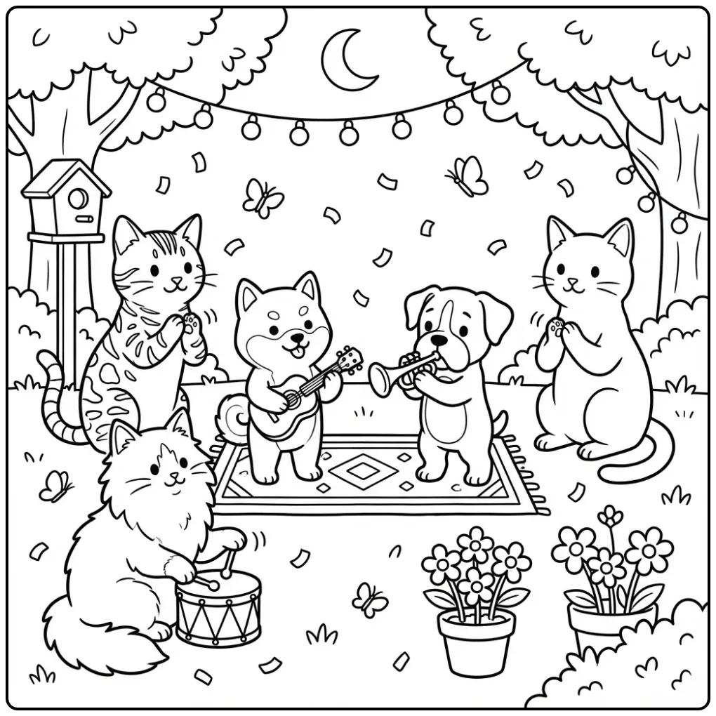 Tuinfeest kleurplaat hondjes en katjes met instrumenten