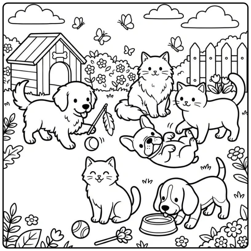 Kleurplaat hondjes en katjes spelend in de tuin met bal.