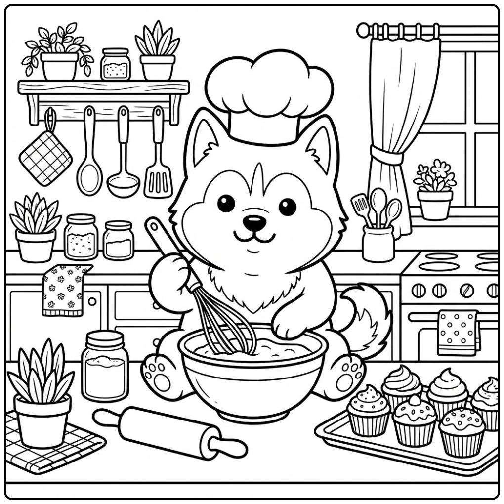 Een schattige kleurplaat husky met een koksmuts in de keuken.