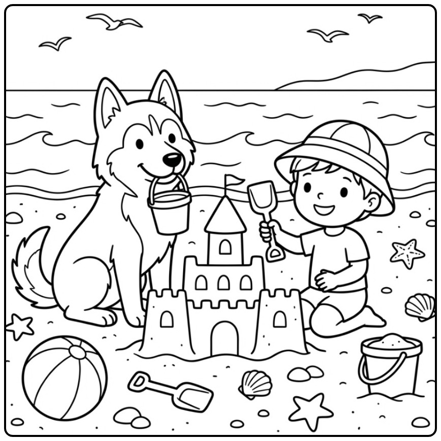 Een schattige kleurplaat husky helpt een kind op het strand.