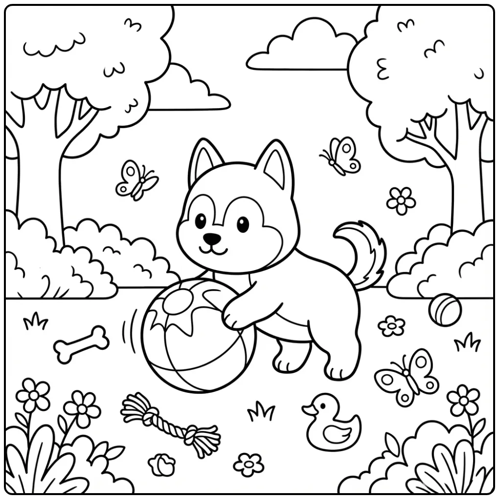 Schattige kleurplaat husky puppy spelend met een bal in het park.