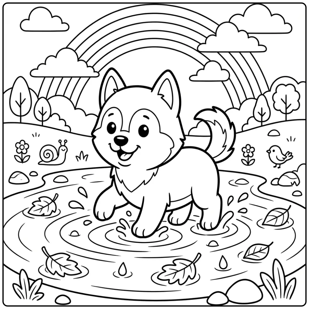 Schattige kleurplaat husky puppy die in een regenplas springt