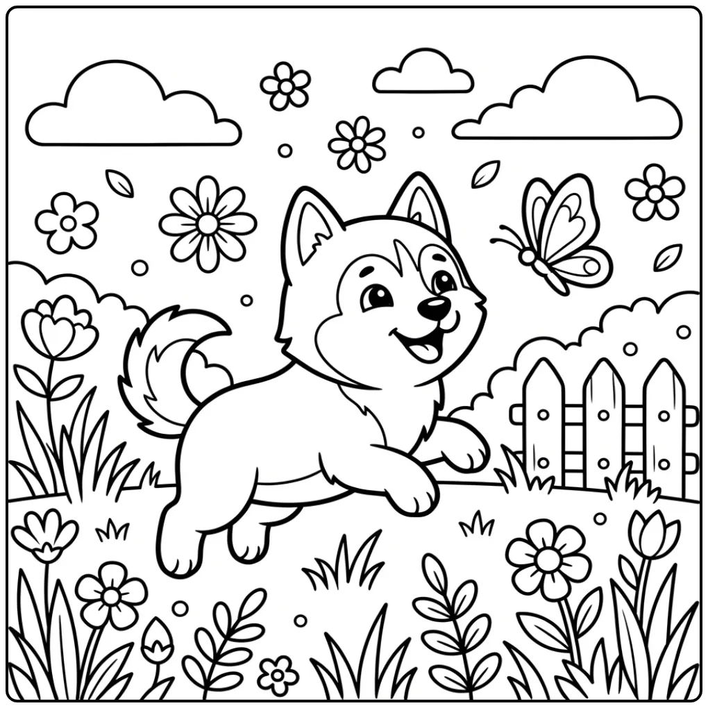 Een schattige kleurplaat husky puppy met een vlinder.