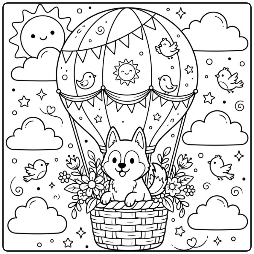 Een schattige kleurplaat husky in een heteluchtballon mand.