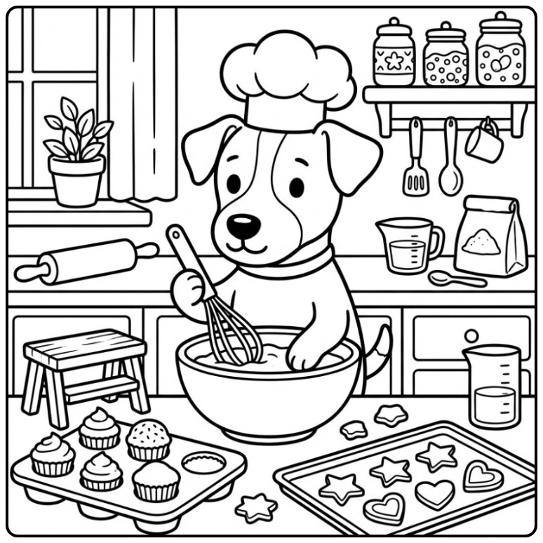 Een schattige kleurplaat jack russel als bakker in de keuken.