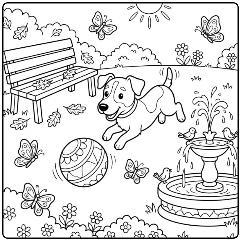 Leuke kleurplaat jack russel die in een park met een bal speelt.