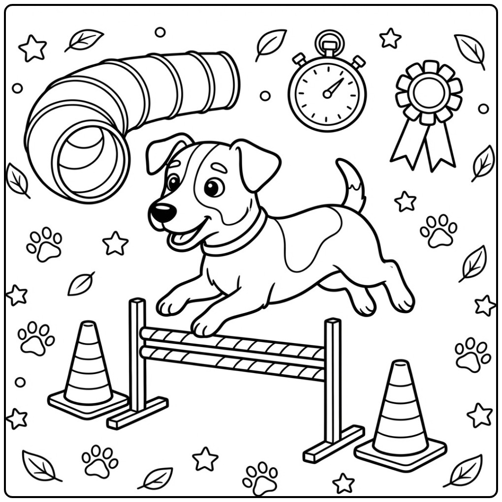 Leuke kleurplaat jack russel op een behendigheidsparcours.