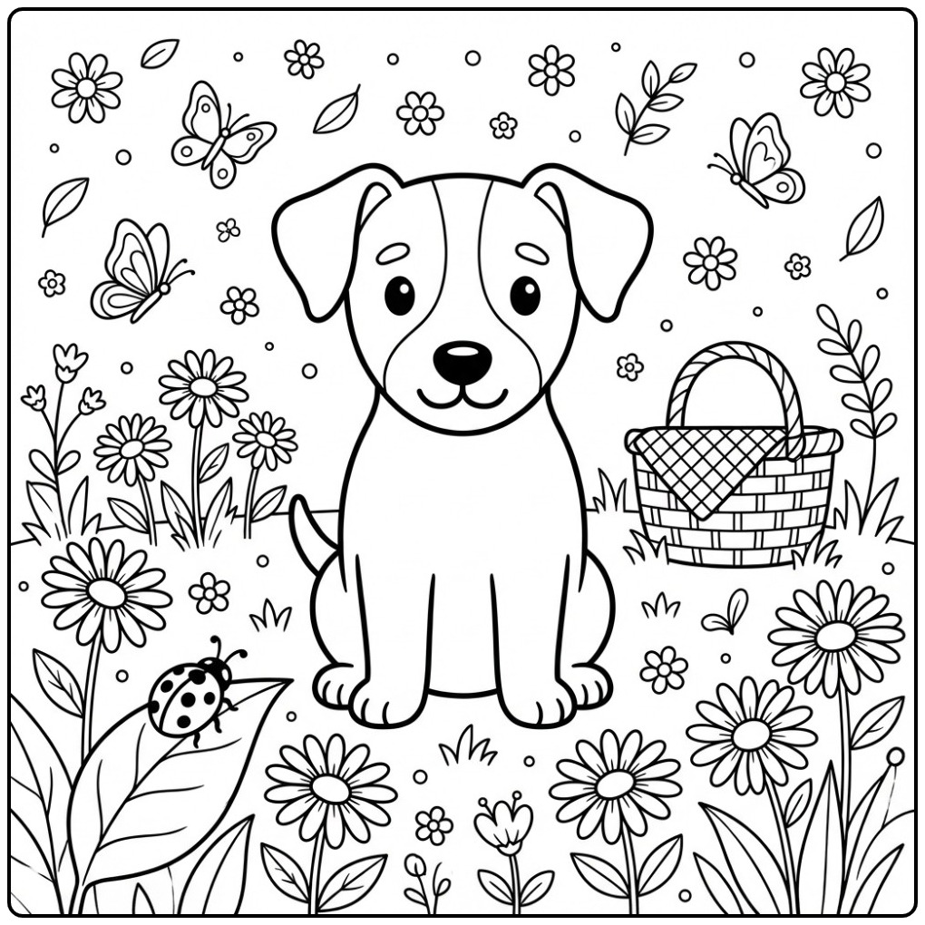 Leuke kleurplaat jack russel in een weide met bloemen.