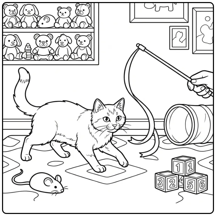 Een speelse kleurplaat kat die achter een lint aan jaagt.