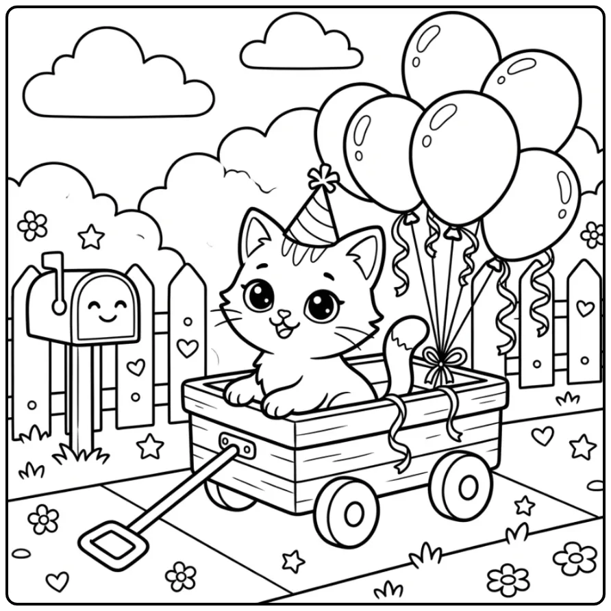 Kleurplaat kat makkelijk: kitten in bolderkar met ballonnen.