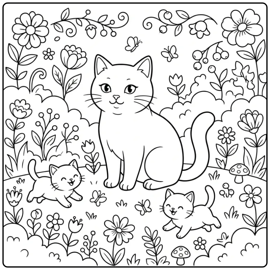 Schattige kleurplaat kat met kittens tussen bloemen en vlinders.