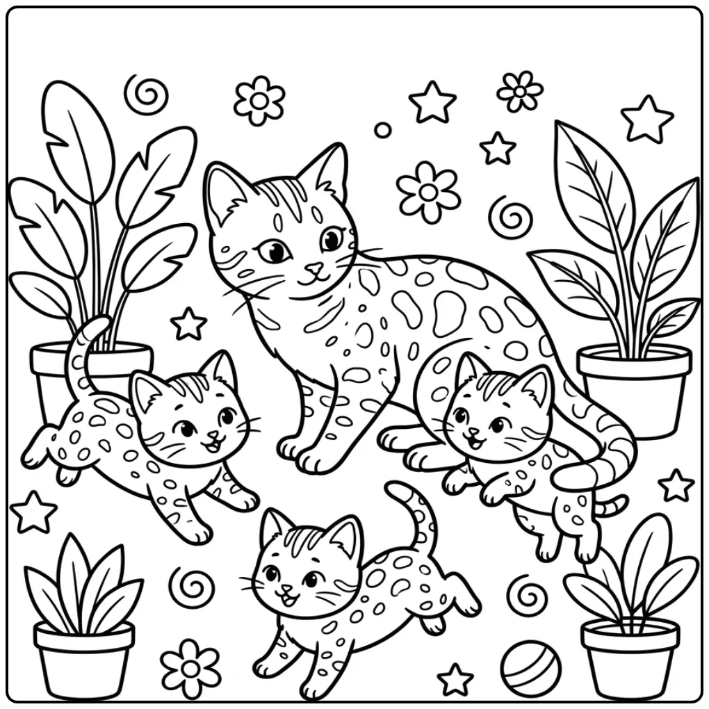 Schattige kleurplaat kat met kittens spelend met bladeren.