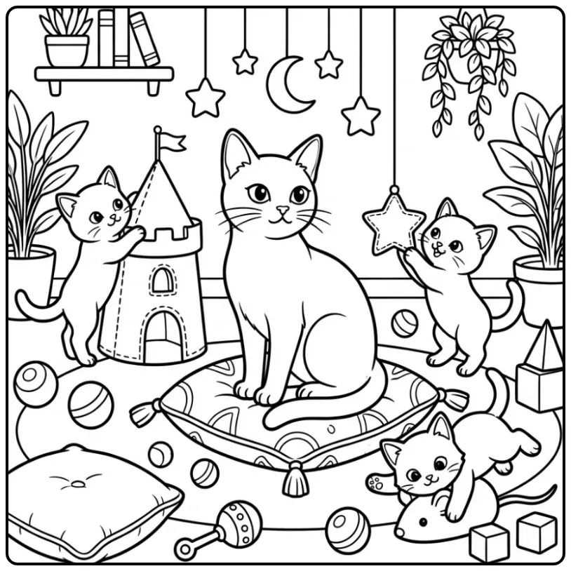 Schattige kleurplaat kat met kittens spelend op zachte kussens