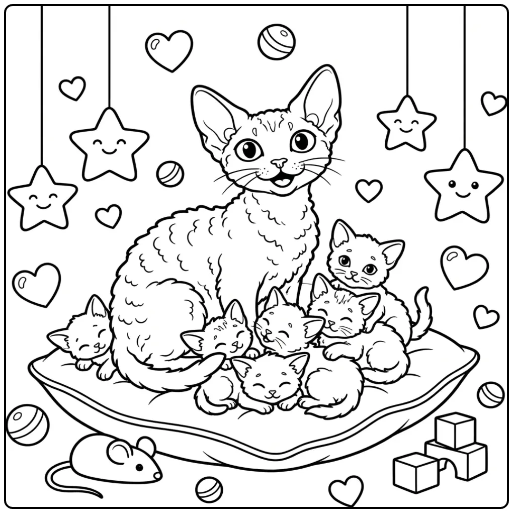 Schattige Devon Rex kleurplaat kat met kittens en hartjes.
