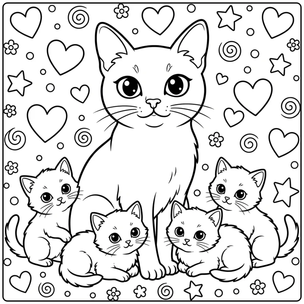 Schattige Singapura kleurplaat kat met kittens en hartjes.