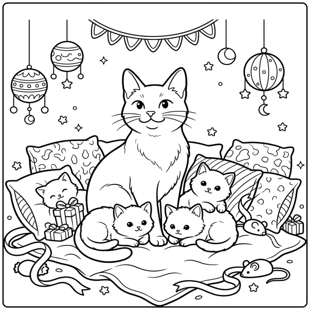 Schattige kleurplaat kat met kittens tussen zachte kussens.