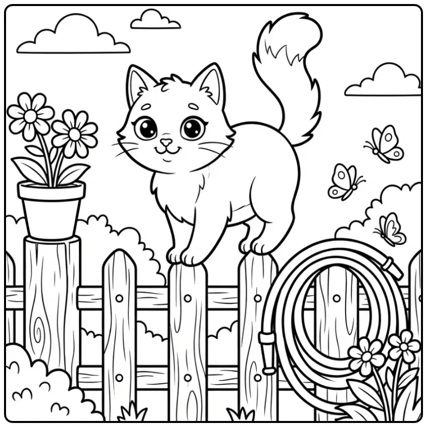 Een kleurplaat kat balancerend op een hek met vlinders.