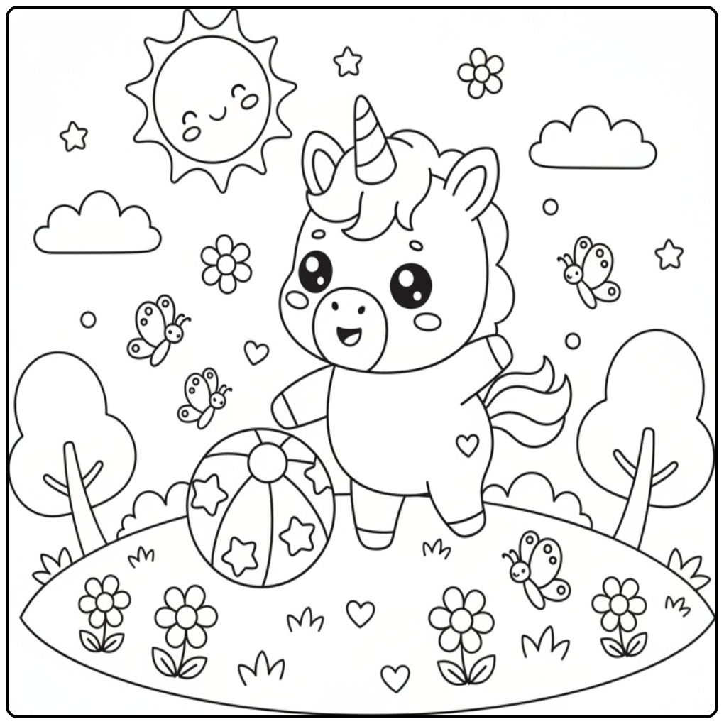 Schattige Kleurplaat kawaii chibi baby unicorn met een grote bal.