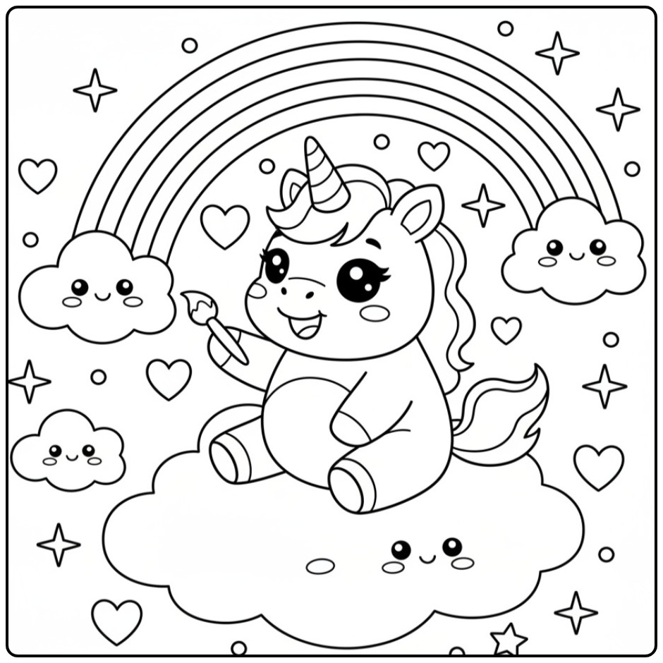 Kleurplaat kawaii chibi regenboog unicorn die de lucht schildert.
