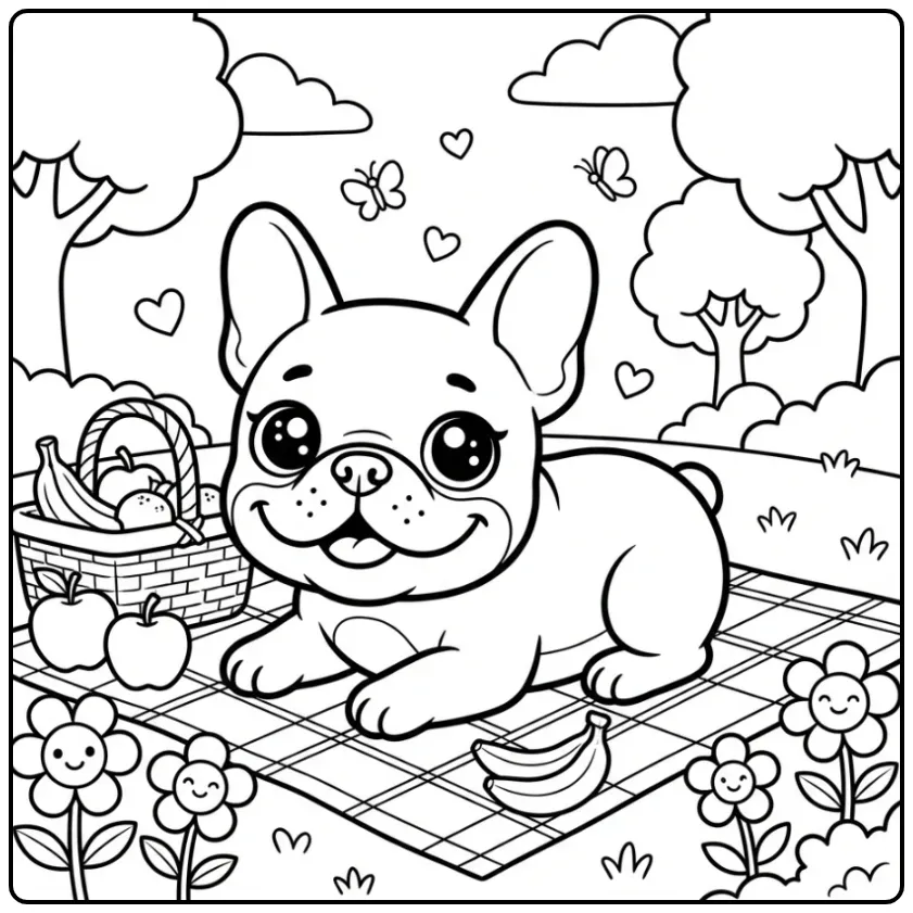 Schattige kleurplaat kawaii hond Franse Bulldog op picknick