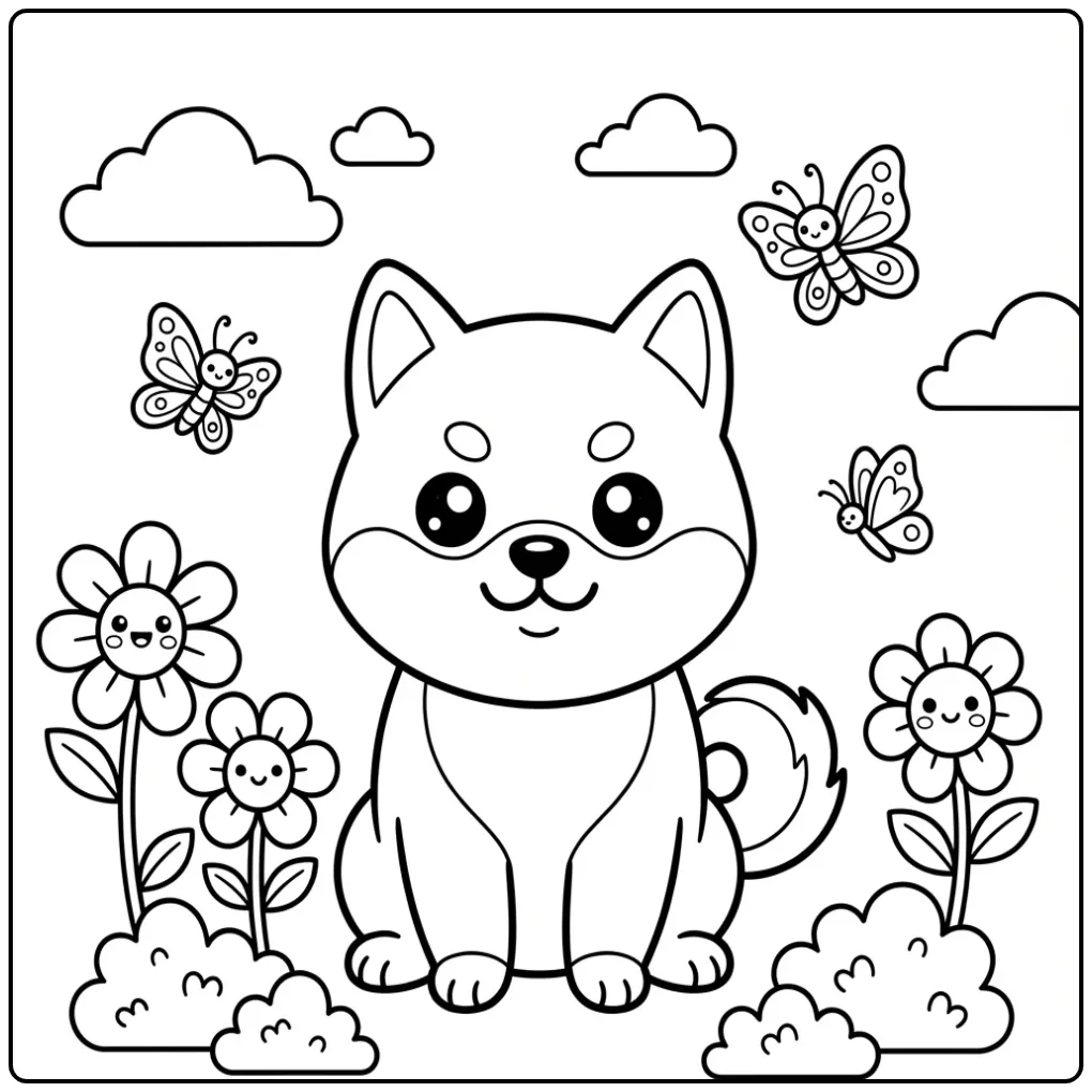 Schattige Shiba Inu als kleurplaat kawaii hond in het park