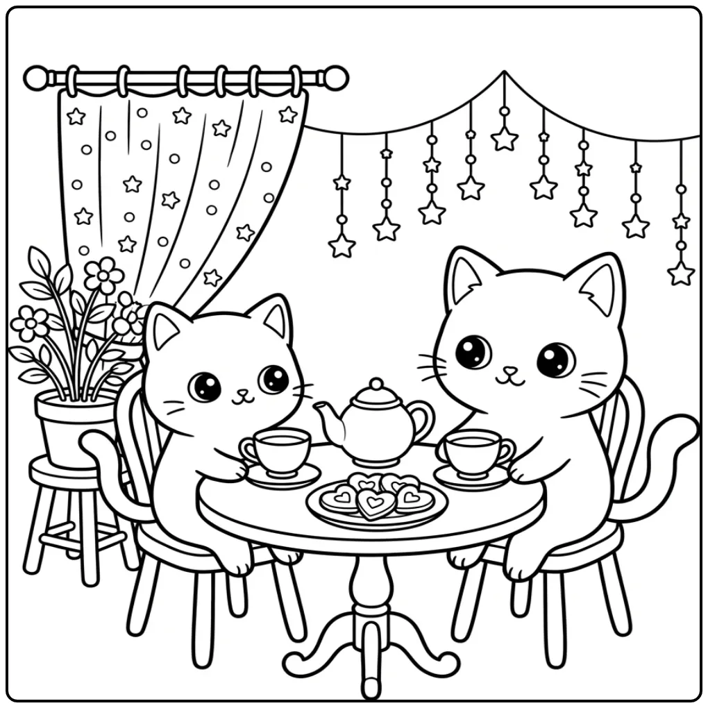 Schattige kleurplaat kawaii kat met thee en koekjes aan tafel