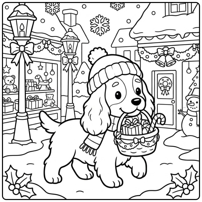 Een schattige kleurplaat kerst hond met een mandje vol cadeaus.