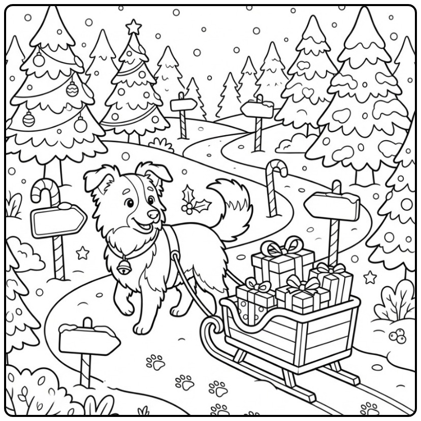 Een schattige kleurplaat kerst hond die een slee met cadeaus trekt.