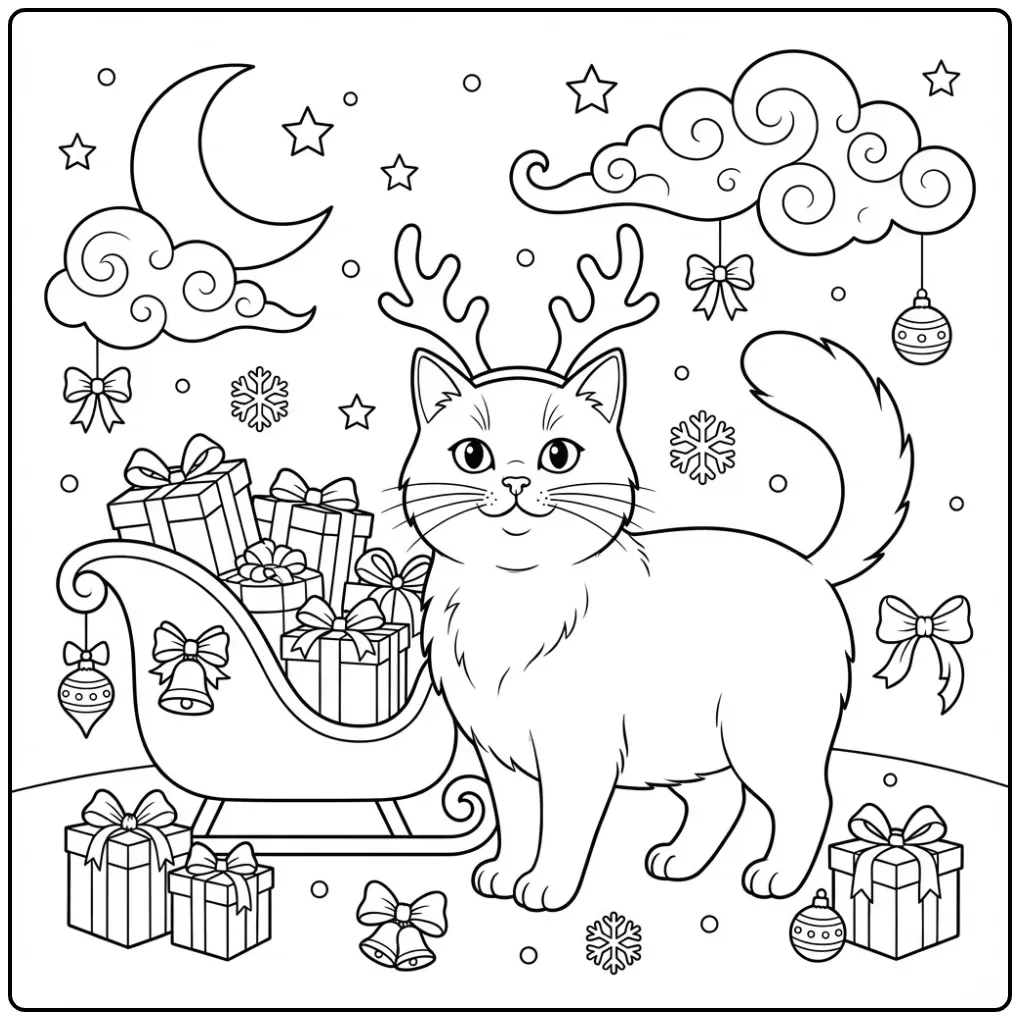 Een feestelijke kleurplaat kerst kat met gewei bij een slee.