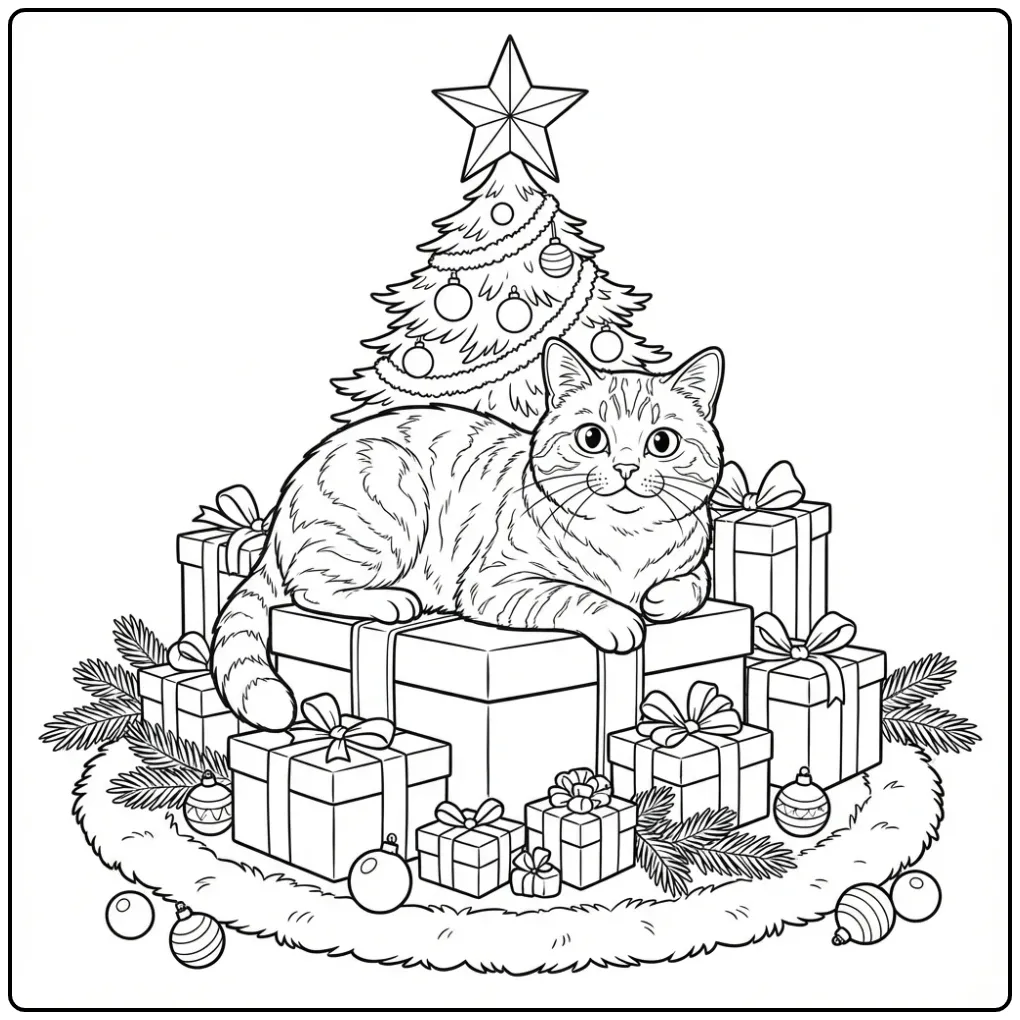 Schattige kleurplaat kerst kat slapend op kerstcadeaus.