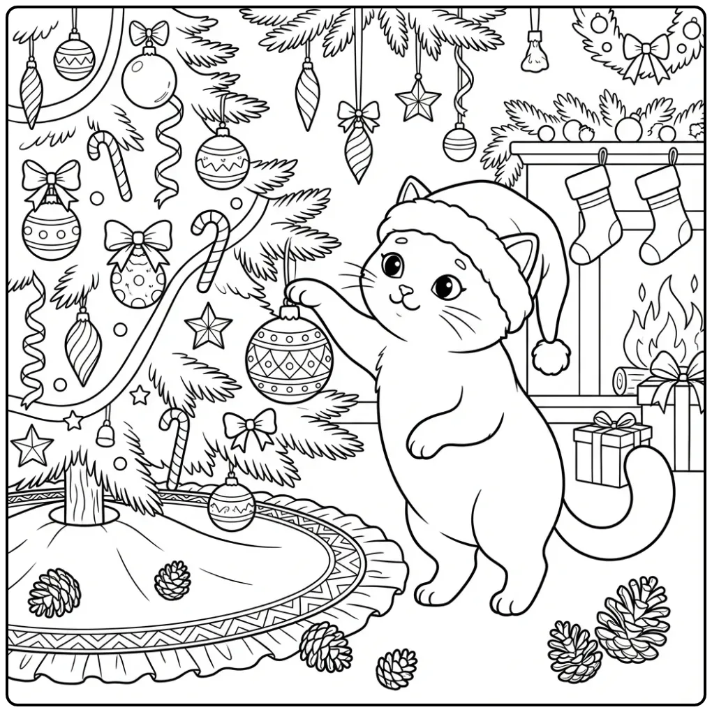 Schattige kleurplaat kerst kat met kerstmuts bij de boom