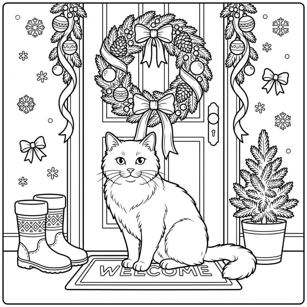 Schattige kleurplaat kerst kat bij een versierde voordeur.