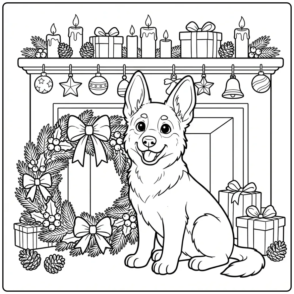 Kleurplaat kerst puppy: Duitse Herder bij een grote krans.