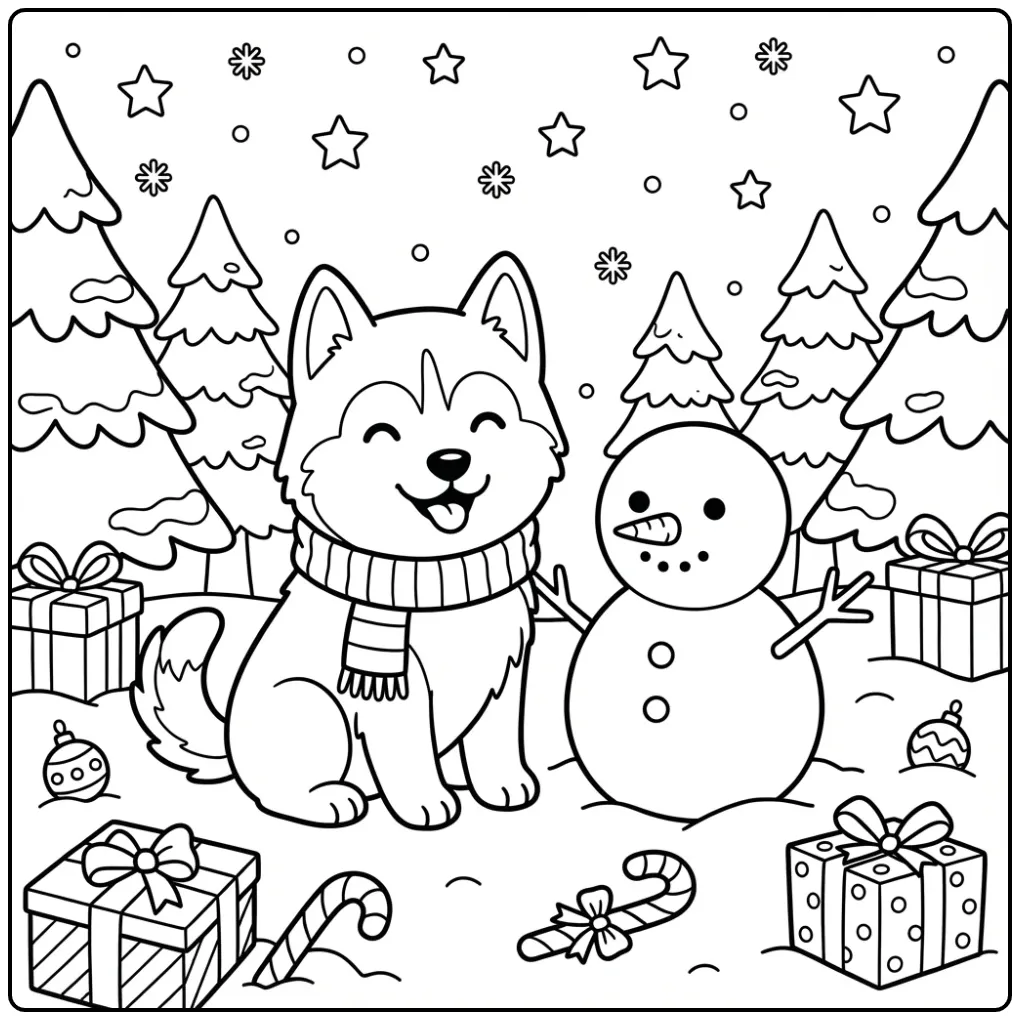 Leuke kleurplaat kerst puppy husky met sneeuwpop en sjaal.