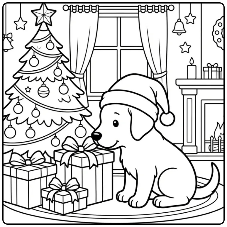 Leuke kleurplaat kerst puppy met kerstmuts bij cadeautjes.