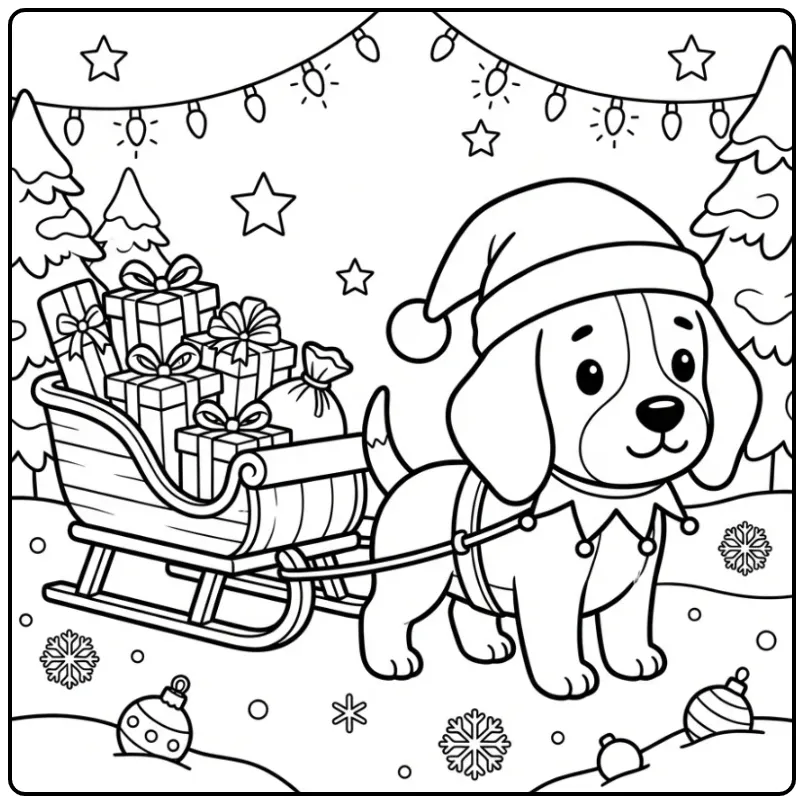 Kleurplaat kerst puppy Beagle trekt een slee vol cadeaus.