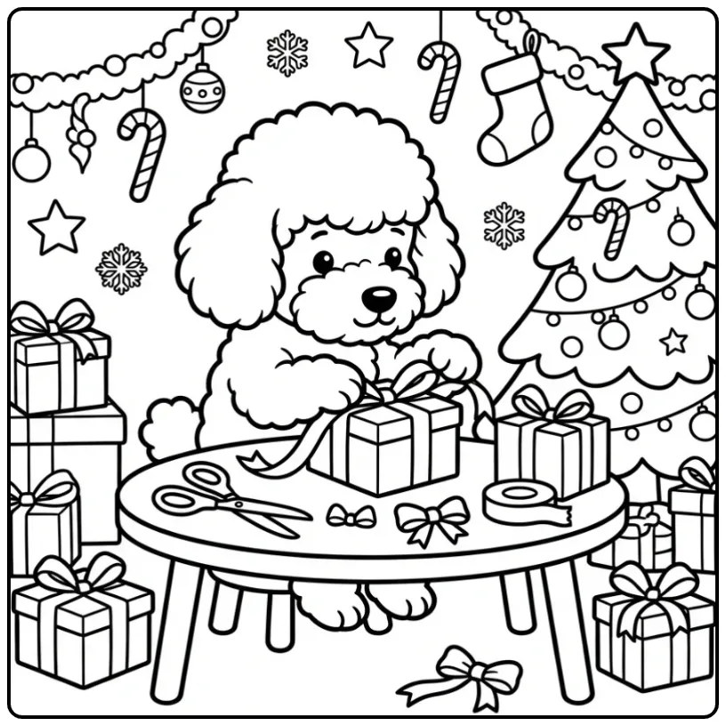 Schattige poedel kleurplaat kerst puppy met strik en lint.