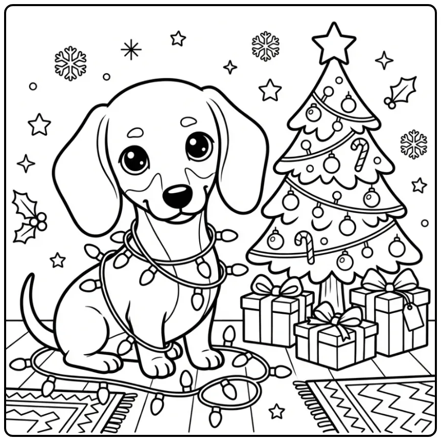 Teckel in lichtjes: kleurplaat kerst puppy voor de feestdagen.