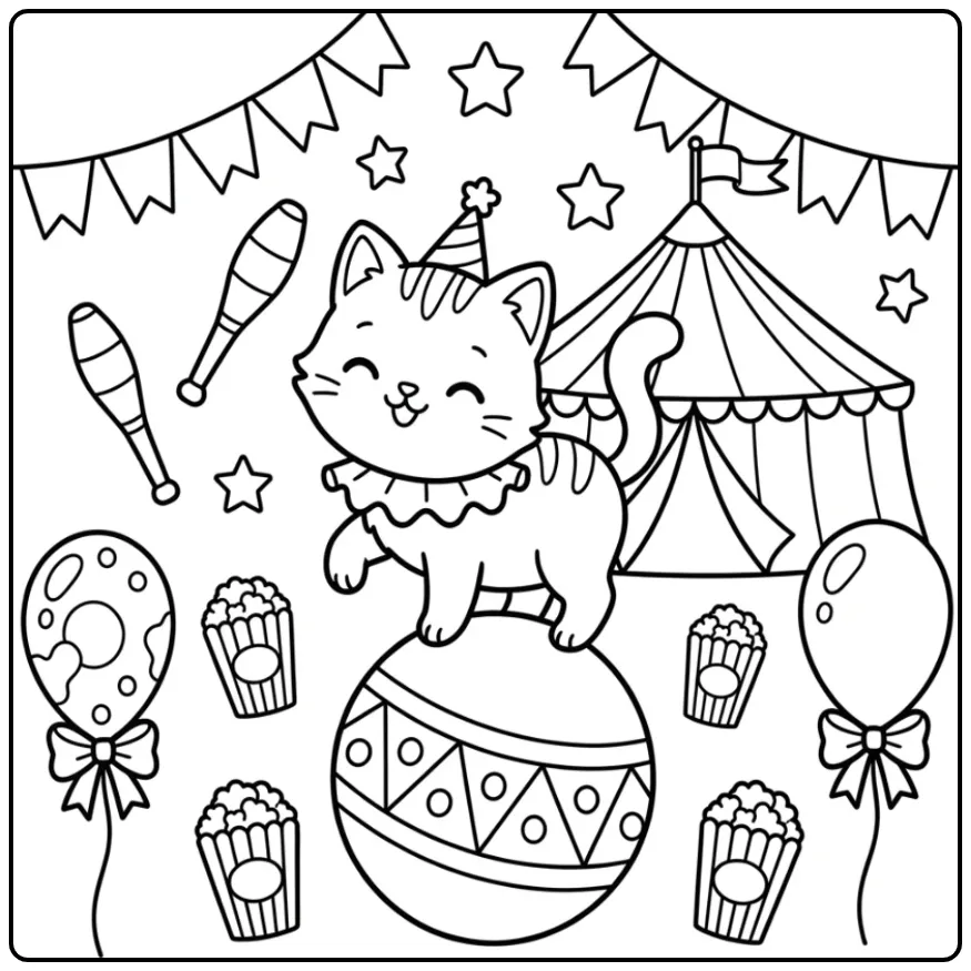 Schattige kleurplaat kitten in het circus op een grote bal.