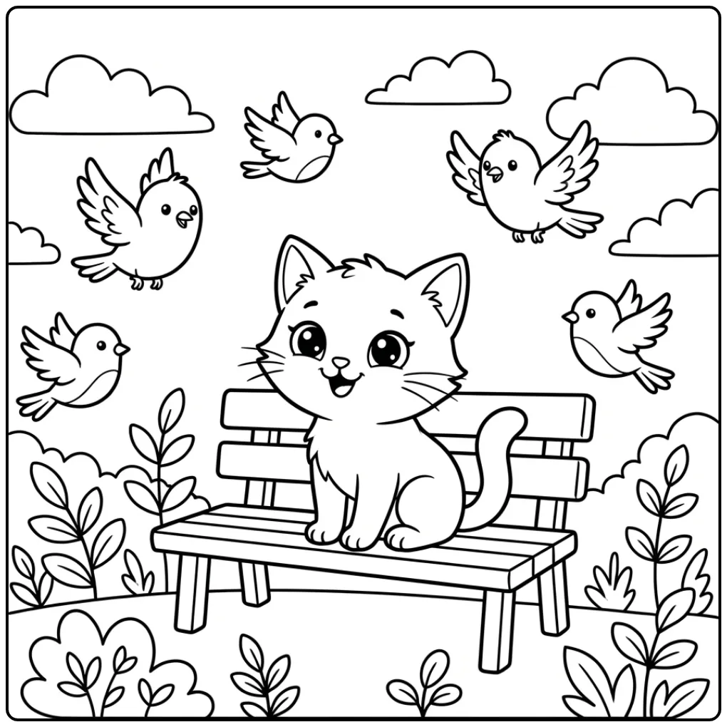 Een schattige kleurplaat kitten zittend op een parkbankje.