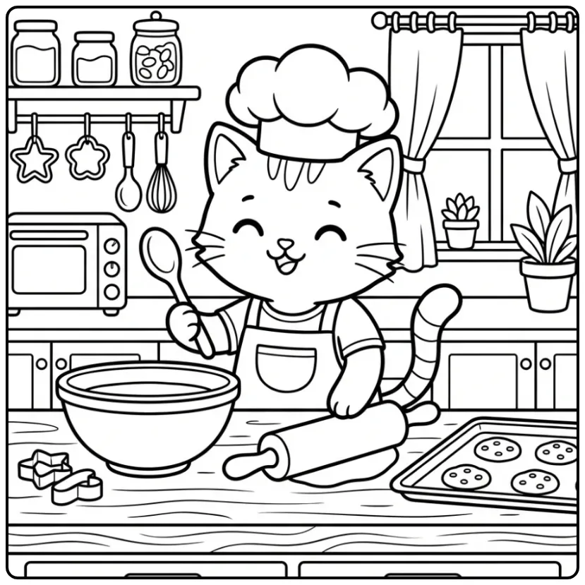 Een schattige kleurplaat kitten die koekjes bakt in de keuken.