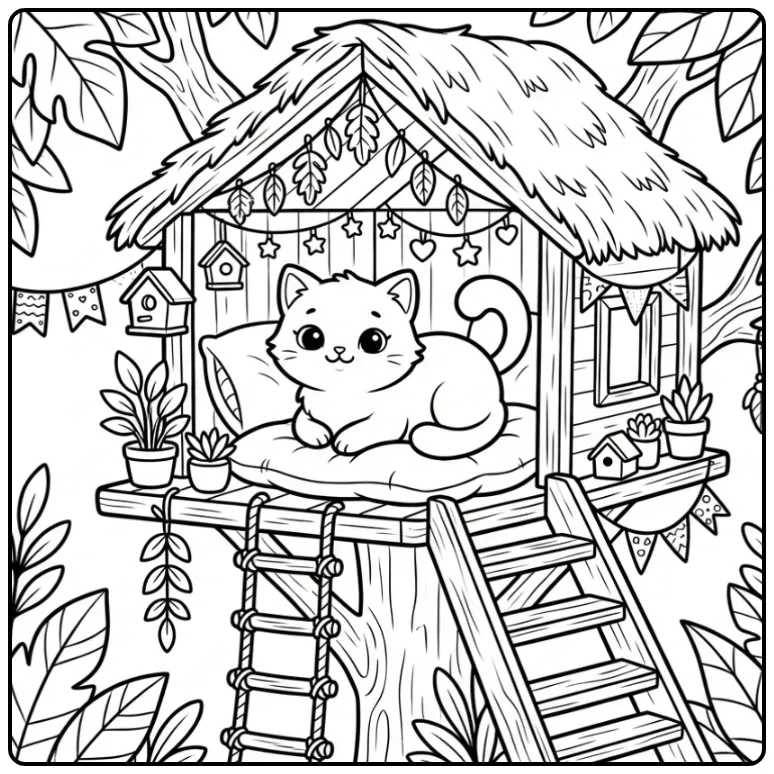 Kleurplaat kitten rustend in een schattige boomhut met ladders.