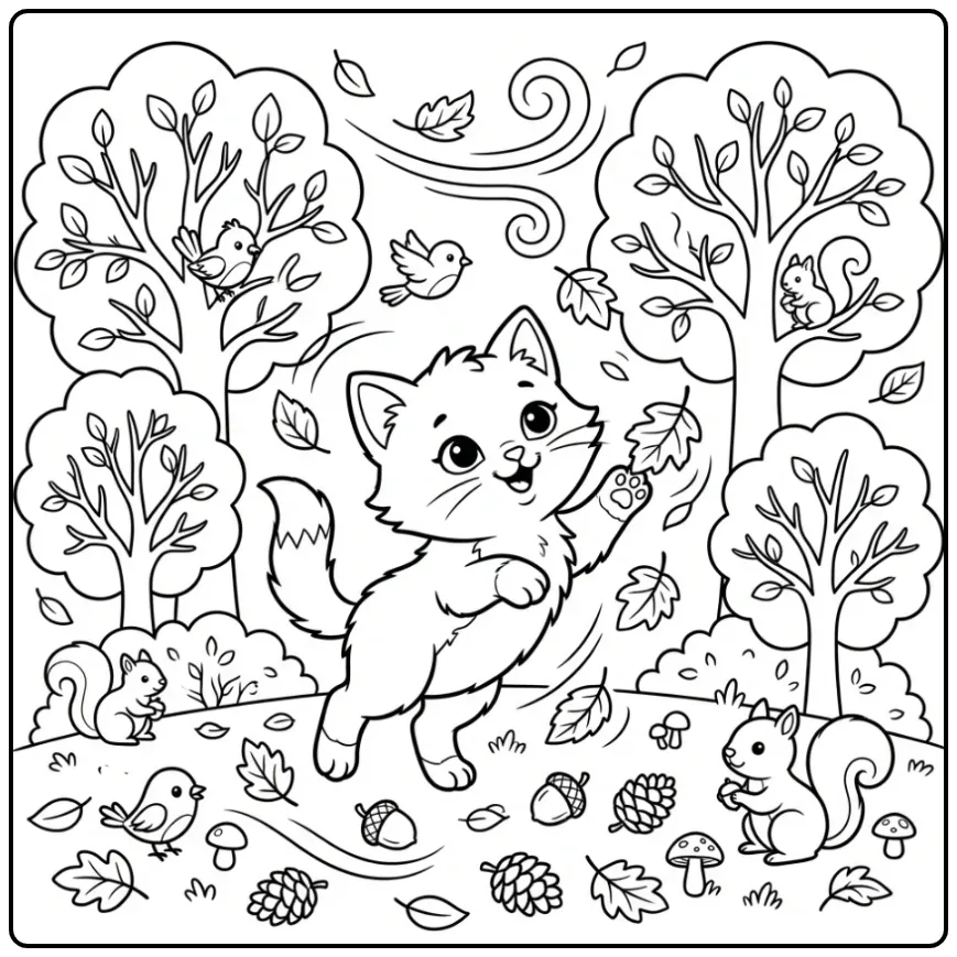 Kleurplaat kitten spelend met dwarrelende herfstbladeren.