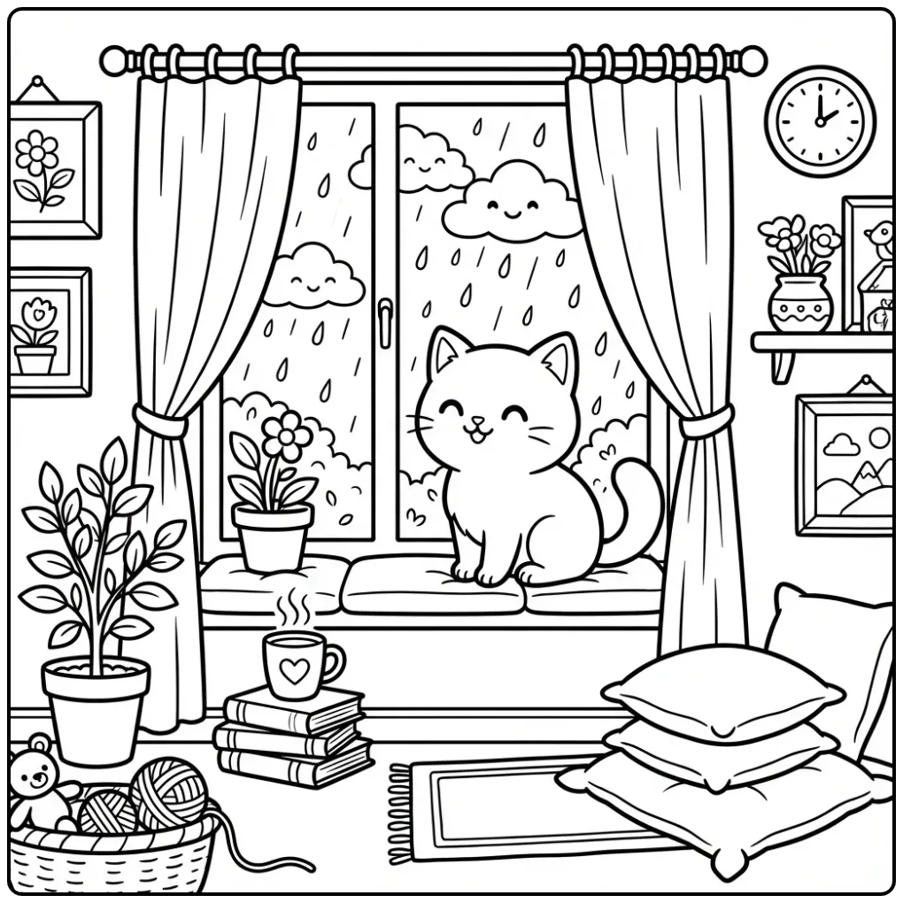 Schattige kleurplaat kitten bij het raam op een regendag.